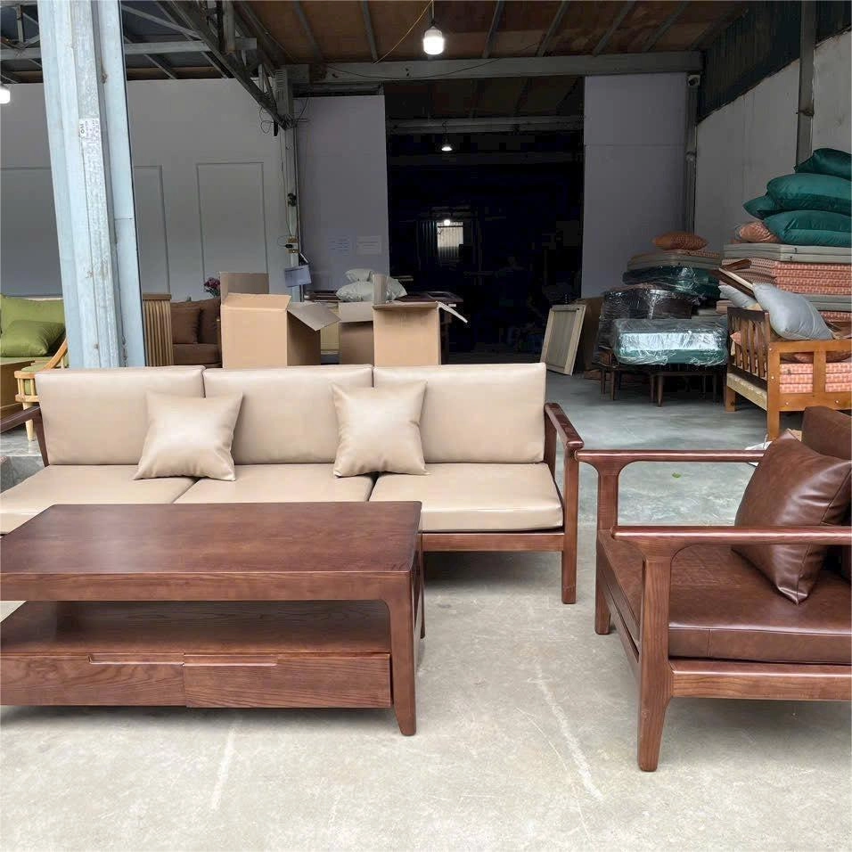 Bộ sofa phòng khách gỗ Ash có tay  vịn bọc nệm da