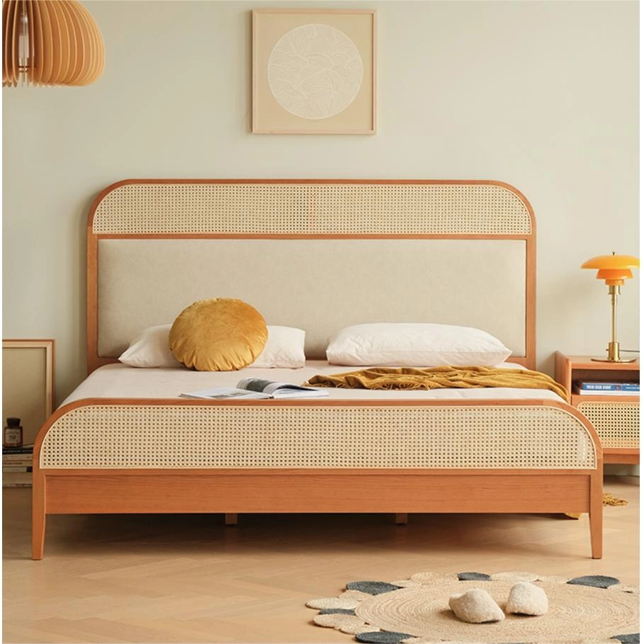 Giường ngủ gỗ nệm đóng mây 2 đầu