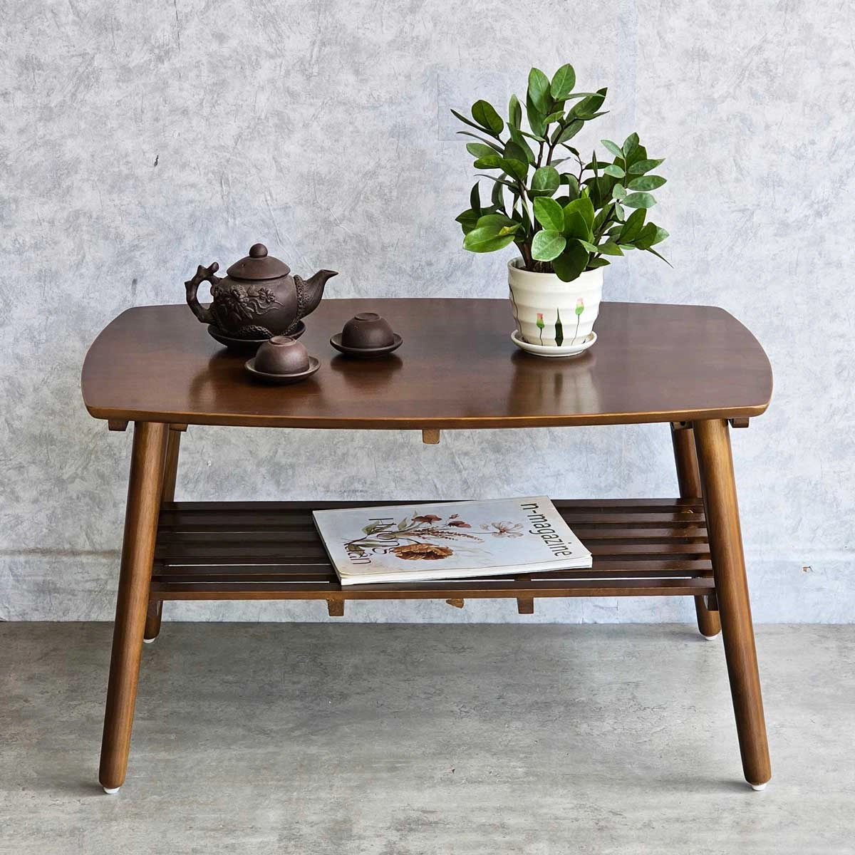 Bàn trà sofa chữ nhật 2 tầng gỗ cao su