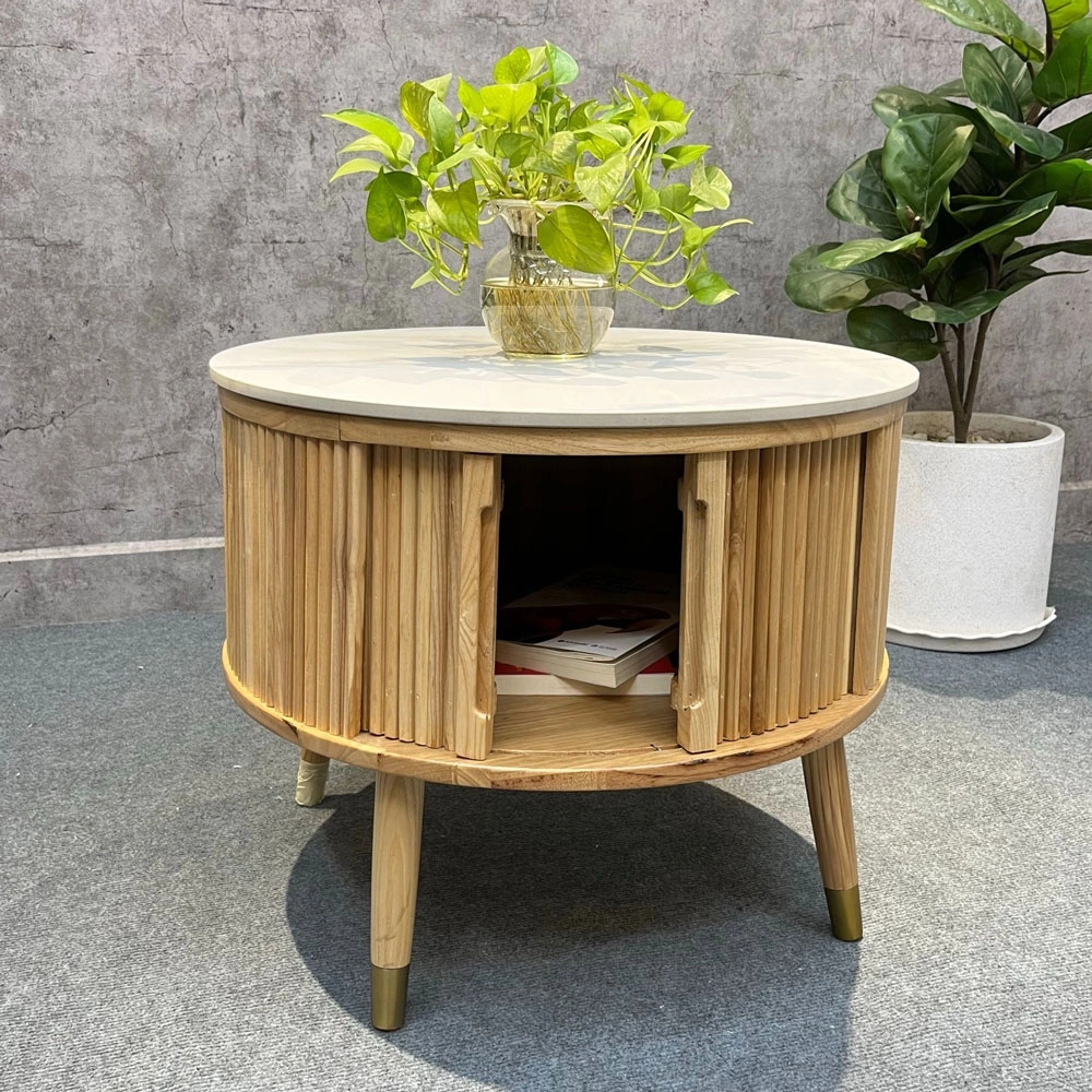 Bàn sofa tròn gỗ Ash cửa lùa mặt đá