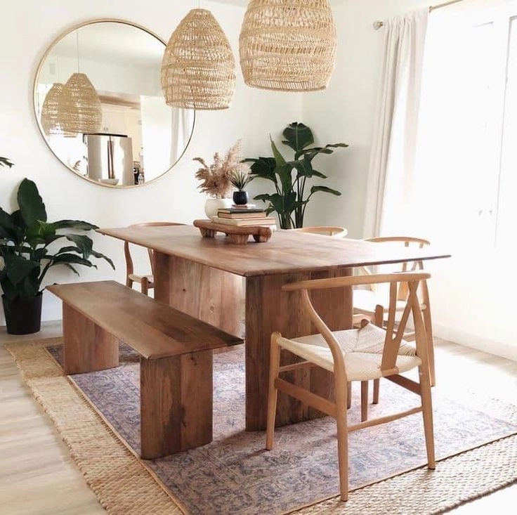 Bàn ăn wabi sabi kết hợp ghế bench wisbone