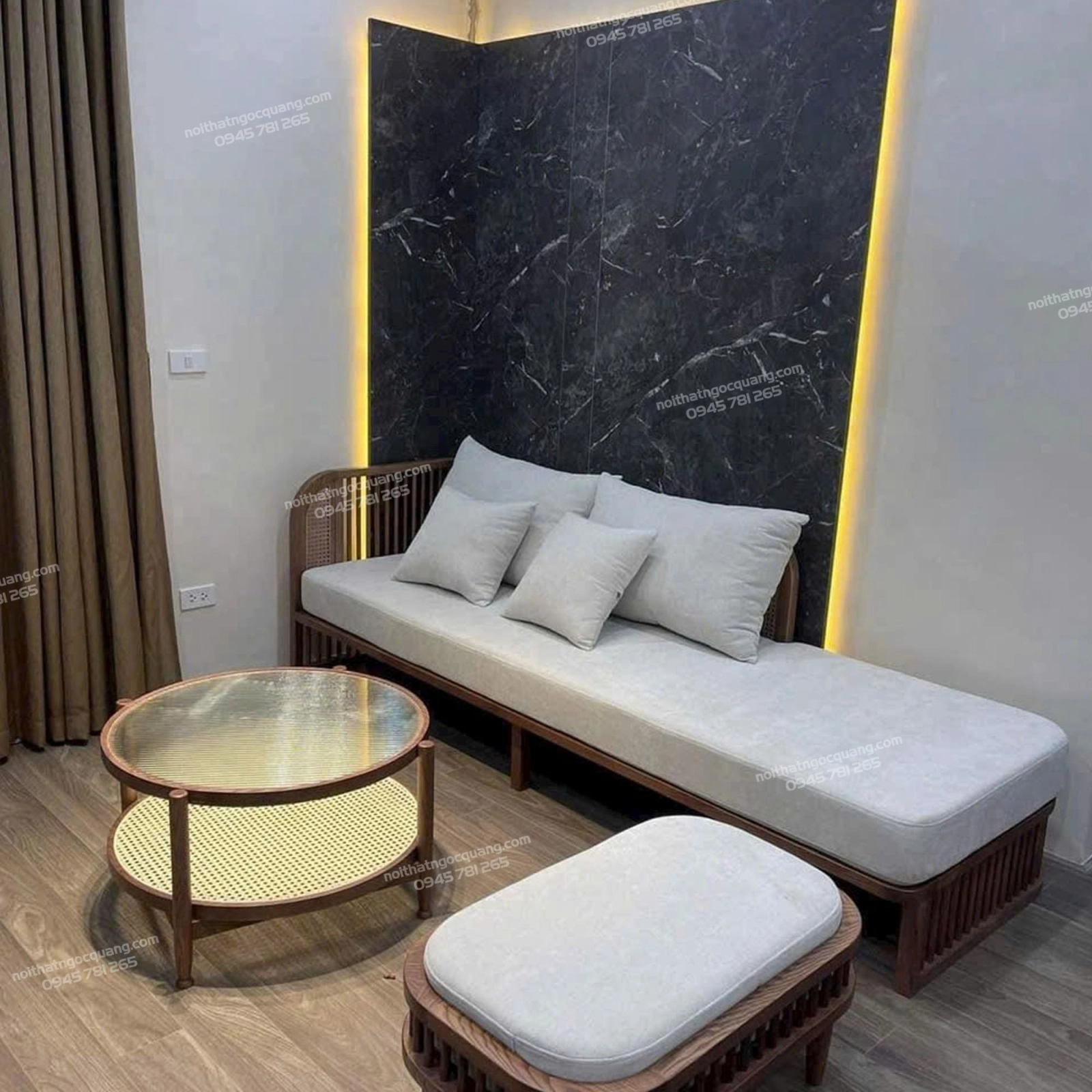 Ghế sofa băng phòng khách quây tay gỗ mây 