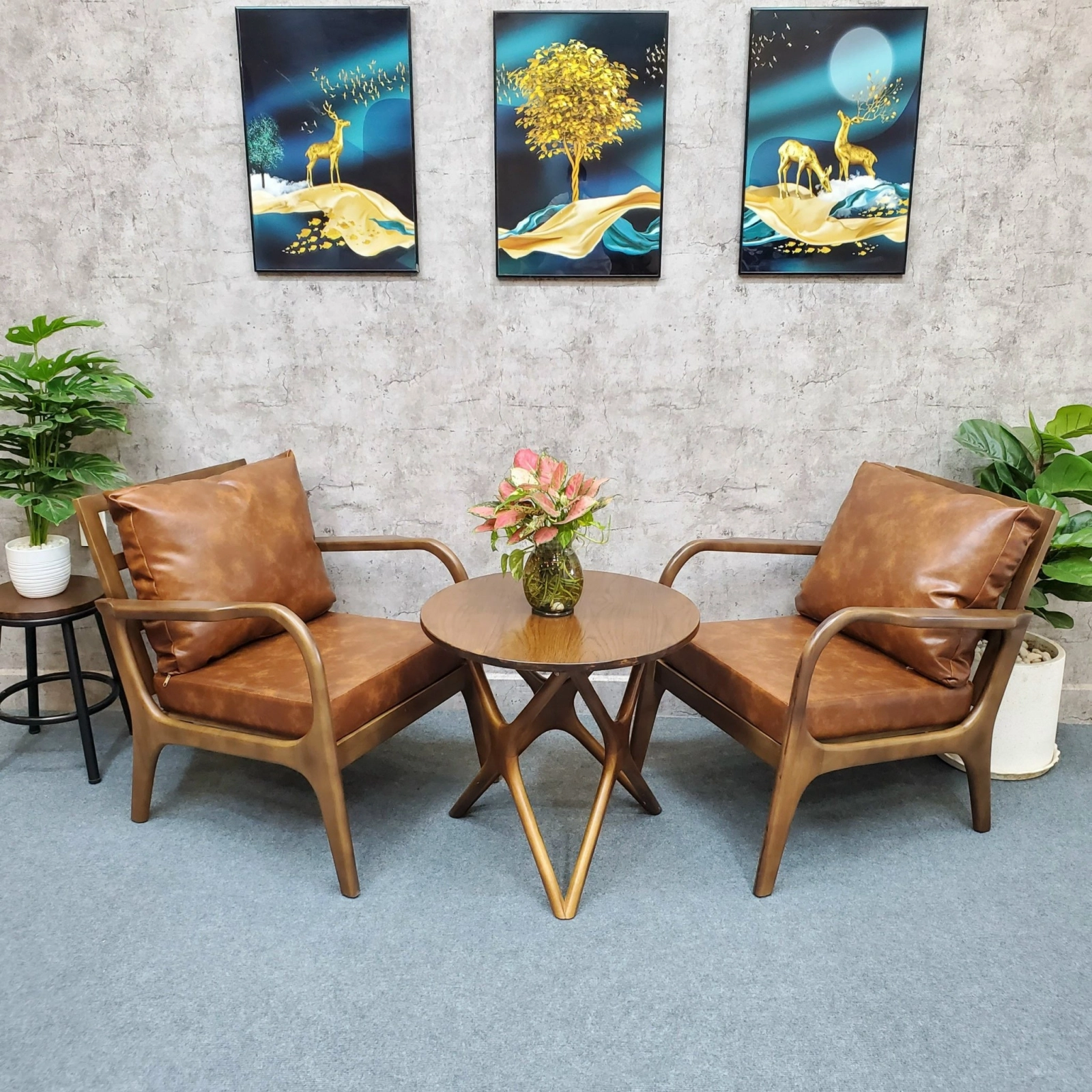 Bộ bàn ghế sofa cafe tay cong nệm da