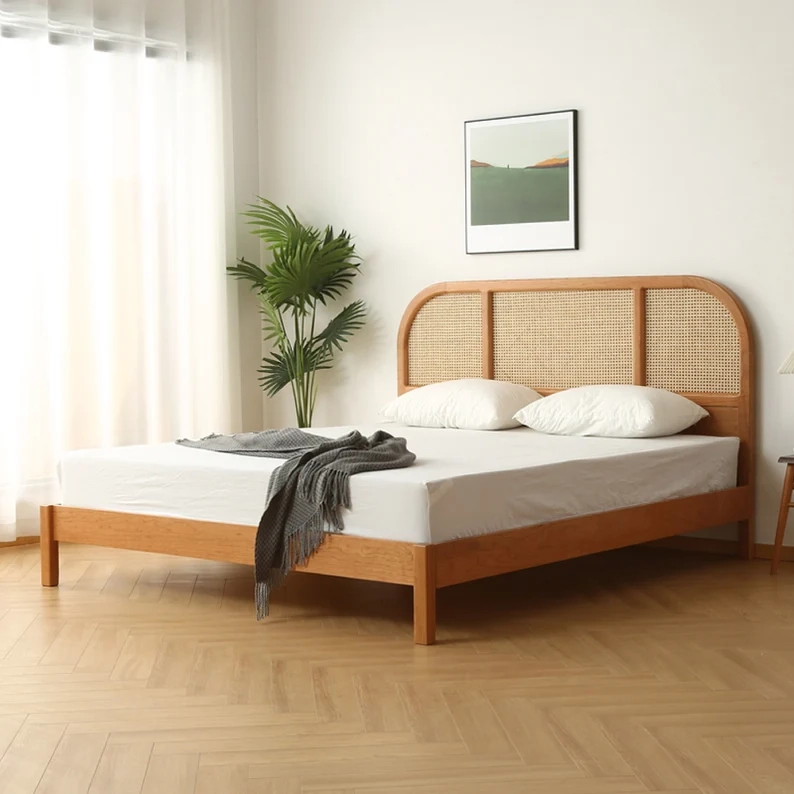Giường ngủ gỗ kết hợp mây đan 1m6