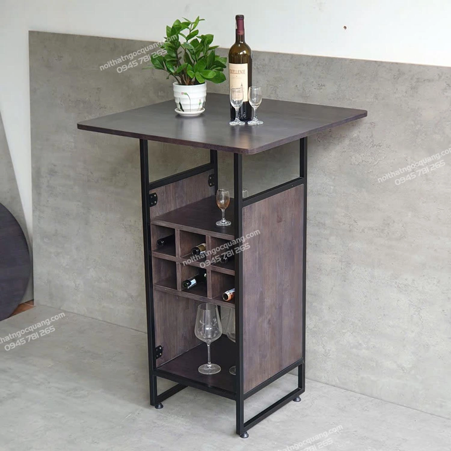 Bàn bar gỗ cao su chân kết hợp kệ đựng rượu