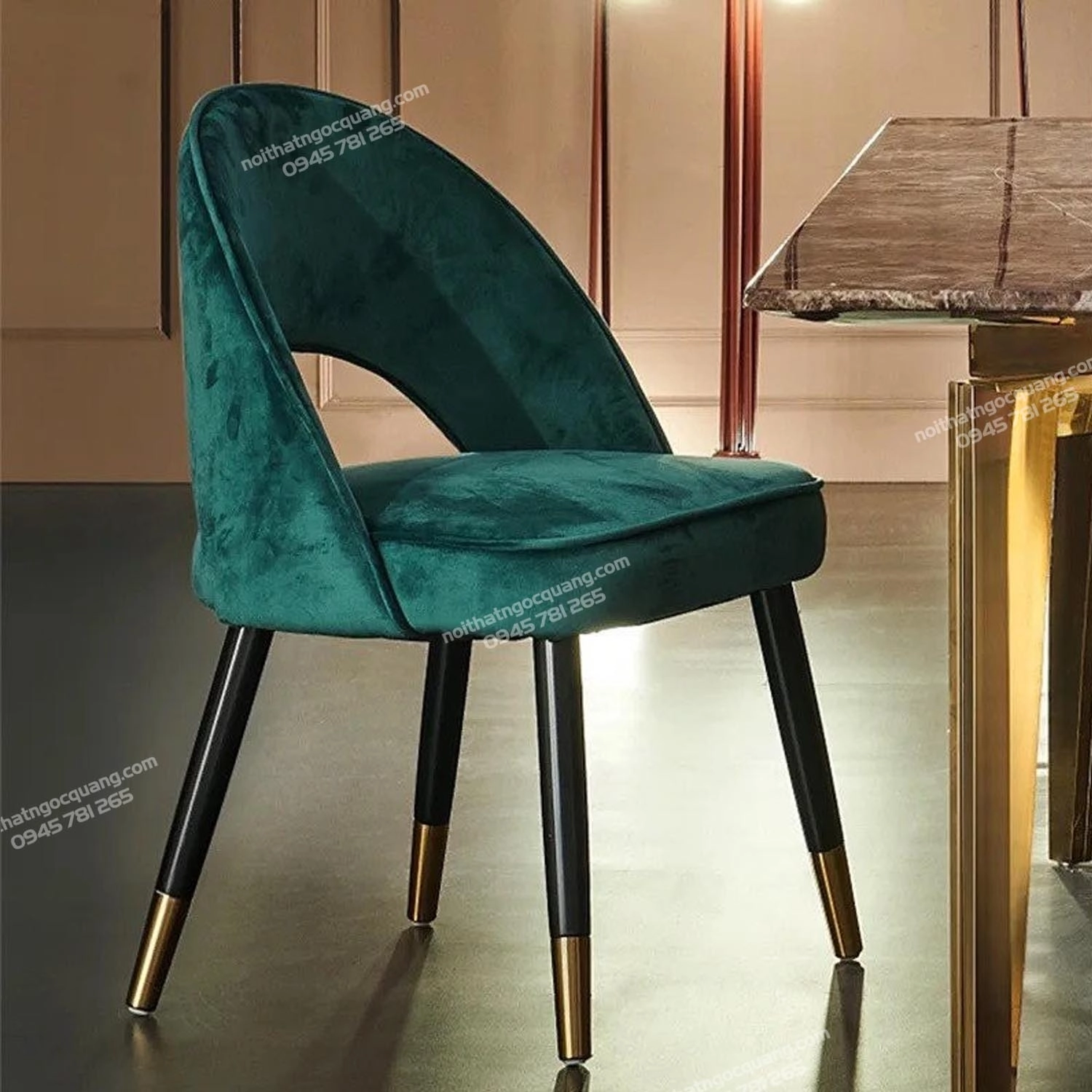 Ghế gỗ cafe Collins chân bọc đồng