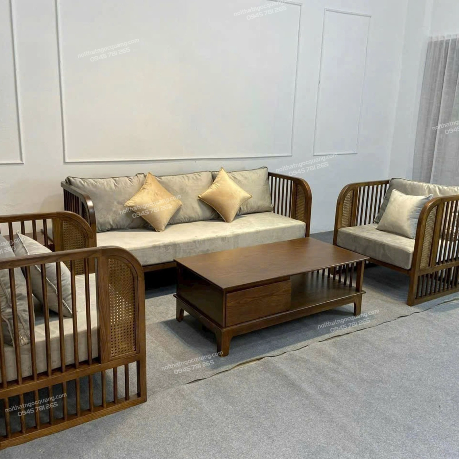 Bộ sofa phòng khách mây tay vịn