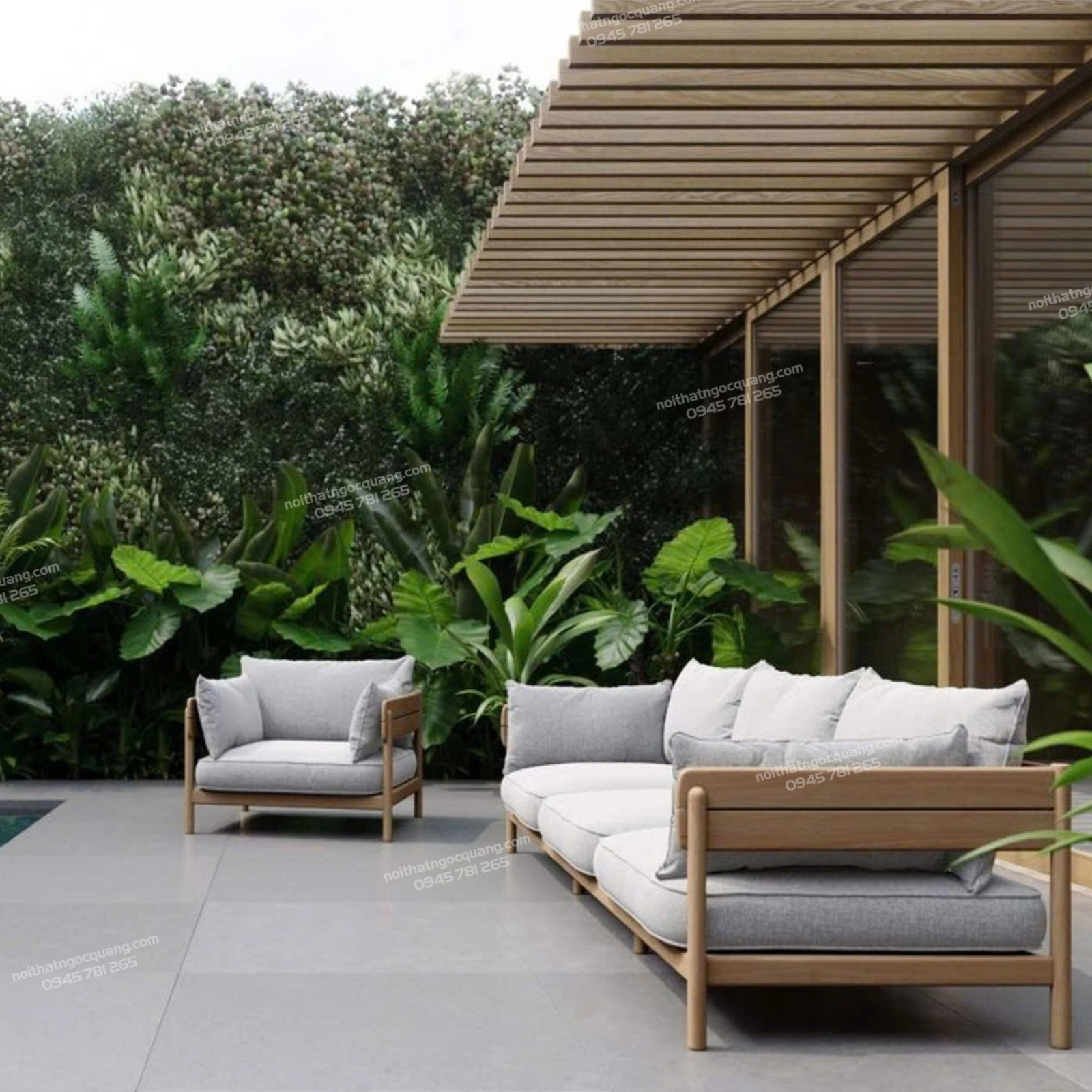 Sofa gỗ nệm ngoài trời tối giản 
