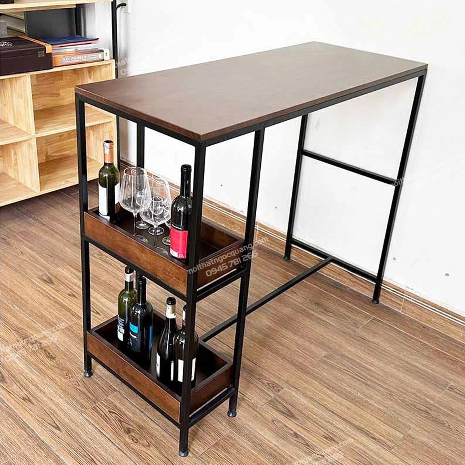 Bàn bar chân kết hợp kệ mặt gỗ khung sắt