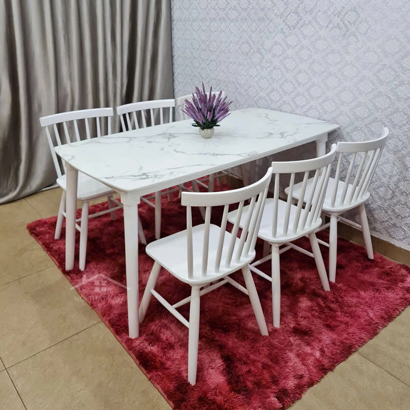 Bộ bàn ăn mặt giả vân đá + 6 ghế song tiện