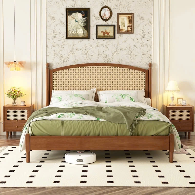 Giường gỗ mây decor hiện đại