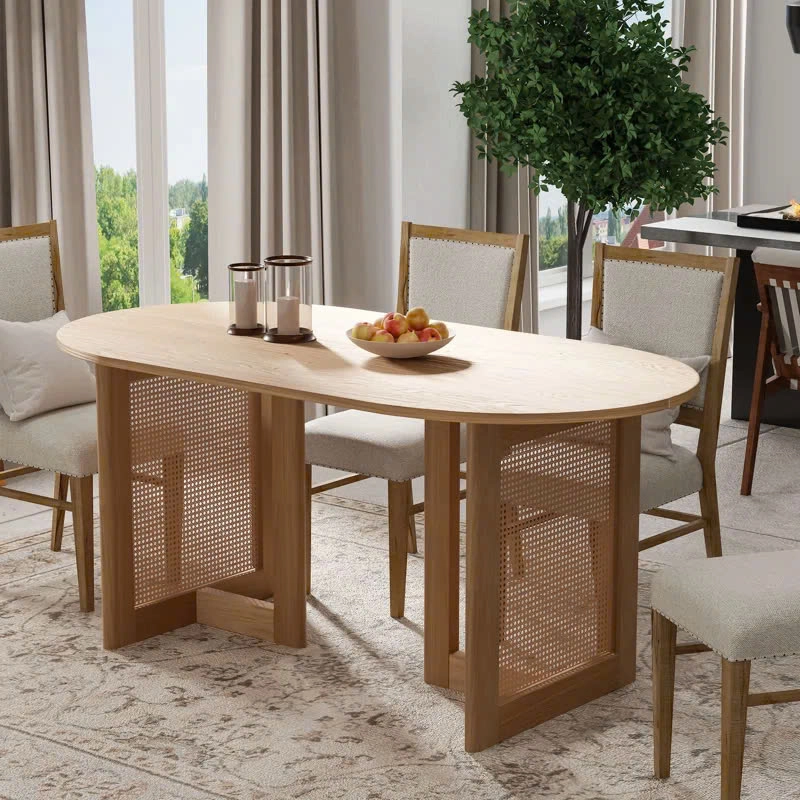 Bàn ăn gỗ đan mây Oval hiện đại 