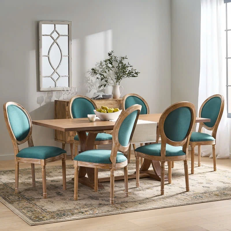 Bộ bàn ghế ăn tân cổ điển Louis không tay bọc nệm vải